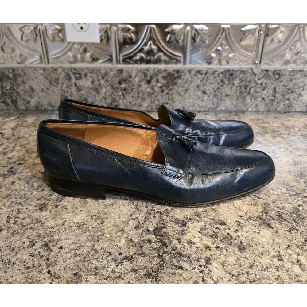Gucci X Rossi Vintage Leather Men's Loafers Logo Tassels Navy Blue Sz 11.5